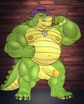  absurd_res alligator alligatorid amideo anthro balls barazoku belly biceps big_muscles bodily_fluids brok_(character) brok_the_investigator clothing crocodile crocodilian crocodylid cum detective digital_media_(artwork) erection flexing genital_fluids genitals green_body hat headgear headwear hi_res humanoid_hands male manly mature_male moobs musclegut muscular muscular_anthro muscular_male navel nipples nude overweight overweight_anthro overweight_male paws pecs penis precum reptile scalie slightly_chubby smile solo standing tail teeth 