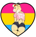  anthro blue_eyes bottomwear bovid bulge butt caprine clothed clothing crop_top digital_media_(artwork) english_text eyewear fur goat hair hi_res horn hotpants lgbt_pride long_ears looking_at_viewer looking_back male mammal midriff presenting presenting_hindquarters pride_color_background pride_colors raised_tail shirt shorts simple_background solo sunglasses tail tan_body tan_fur text tkraccoon topwear 