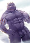  abs anthro balls bath bathhouse biceps blush casual_nudity deltoids flaccid foreskin generation_1_pokemon genitals grey_body hand_on_hip hi_res humanoid_genitalia humanoid_hands humanoid_penis looking_at_viewer machoke male manly muscular muscular_anthro muscular_male navel nintendo nipples nude open_mouth orangetaming pecs penis pokemon pokemon_(species) red_eyes simple_background social_nudity solo steam towel 
