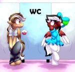  absurd_res accessory amber_eyes auroramint bathroom black_hair blue_eyes blush bodily_fluids bottomwear bow_ribbon brown_body brown_feathers brown_fur brown_hair brown_mane clothed clothing crossdressing crossed_legs dappled_fur dress duo equid equine fan_character feathered_wings feathers feral friendship_is_magic fur genital_fluids girly hair hair_accessory hair_bow hair_ribbon hasbro head_turned hi_res holding_crotch hooves horse knock-kneed legwear locked looking_at_door male male_(lore) mammal mane multicolored_hair my_little_pony omorashi on_hind_legs on_one_leg pants peeing pegasus pony potty_dance public_restroom ribbons scrunchy_face shirt standing stockings sweat t-shirt tan_body tan_feathers tan_fur topwear two_tone_hair two_tone_tail urine urine_drip waiting white_body white_feathers white_hair white_mane wings worried 
