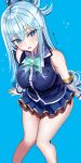  1girl aqua_(konosuba) bare_shoulders blue_background blue_eyes blue_hair blue_skirt blush breasts commentary_request detached_sleeves hanasaka_houcha highres kono_subarashii_sekai_ni_shukufuku_wo! large_breasts long_hair long_sleeves parted_lips simple_background skirt smile solo thighs 