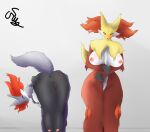  anthro anus areola big_breasts big_butt black_body black_fur blush breasts butt delphox duo female fur generation_6_pokemon genitals hand_on_butt hi_res inner_ear_fluff looking_at_viewer looking_down narrowed_eyes nintendo nipples one_eye_closed orange_eyes pink_nipples pink_pussy pokemon pokemon_(species) purple_body purple_fur pussy red_body red_fur rusoide shiny_pokemon smile smiling_at_viewer spread_anus spreading thick_thighs tuft white_body white_fur yellow_body yellow_fur 