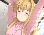  1girl air_(visual_novel) arm_behind_head arms_up blurry blurry_background blush close-up closed_eyes closed_mouth commentary dogu_illust frown grabbing_own_arm hair_between_eyes hair_down hair_intakes indoors kamio_misuzu light_rays pajamas pink_pajamas sidelighting sidelocks sleepy solo sound_effects stretching sunbeam sunlight 