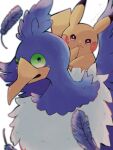  animal_focus artist_name beak blue_feathers colored_sclera colored_skin commentary_request cramorant dot_nose feathers green_sclera hanabusaoekaki highres no_humans pikachu pokemon pokemon_(creature) solid_circle_eyes solid_oval_eyes tail v-shaped_eyebrows white_background white_fur yellow_skin 