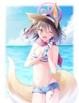  1girl ;d absurdres animal_ear_fluff animal_ears bangs bikini black_hair blue_archive blue_sky blurry bottle breasts cleavage cloud cloudy_sky commentary_request denim denim_shorts depth_of_field eyeshadow fox_ears fox_girl fox_tail hair_between_eyes hair_ornament halo highres holding holding_bottle horizon izuna_(blue_archive) izuna_(swimsuit)_(blue_archive) looking_at_viewer makeup medium_hair midorino_eni navel ninja ocean official_alternate_costume one_eye_closed one_side_up ramune red_scarf rope scarf short_shorts shorts sidelocks sky sleeveless smile solo stomach striped striped_bikini swimsuit tail visor_cap yellow_eyes 