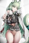  1girl :p absurdres animal_ear_fluff animal_ears arknights black_bra bottomless bra breasts breasts_out cape cardigan cat_ears cat_tail commentary_request cowboy_shot green_eyes green_hair grey_cardigan harmonie_(arknights) highres infection_monitor_(arknights) large_breasts long_hair long_sleeves looking_at_viewer nopetroto open_cardigan open_clothes pussy solo tail thighs tongue tongue_out uncensored underwear very_long_hair white_cape 