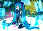  1girl absurdly_long_hair absurdres bare_shoulders between_legs black_eyes black_skirt blue_hair blue_necktie blush boots bright_pupils collared_shirt crescent detached_sleeves eyelashes floating_screen grey_shirt hand_between_legs hatsune_miku headphones headphones_around_neck heart highres holographic_monitor infinity_symbol leaf lightning_bolt_symbol long_hair musical_note necktie number_tattoo open_mouth sakana0627 shirt shoulder_tattoo sitting skirt solo spade_(shape) sparkle star_(sky) tattoo teeth thigh_boots treble_clef twintails upper_teeth_only very_long_hair vocaloid wariza white_pupils 