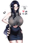  1girl black_hair blush breasts brown_eyes english_commentary english_text eyeshadow frown glasses grey_sweater hair_behind_ear hand_on_own_hip heart highres hip_vent huge_breasts like_and_retweet long_hair looking_at_viewer makeup meme noiretox original pointy_ears purple_eyeshadow skindentation sleeveless sleeveless_sweater solo sweater twitter_strip_game_(meme) very_long_hair white_background 