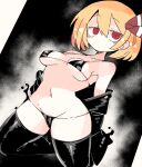  1girl bare_shoulders bikini black_bikini black_thighhighs blonde_hair blush breasts closed_mouth collarbone groin hair_between_eyes hair_ribbon highres massakasama medium_breasts navel red_eyes red_ribbon ribbon rumia short_hair solo swimsuit thighhighs touhou 