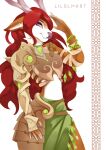  anthro armor beads capreoline clothing deer female green_clothing hair happy hi_res hooves horn leaf liloli_(artist) long_hair magic magic_user magican mammal nature red_hair reindeer ribbons shaman smile solo spikes tape tribal_spellcaster 