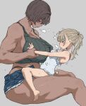  2girls blonde_hair blue_eyes breasts brown_hair dark-skinned_female dark_skin height_difference highres kei_(m_k) m_k multiple_girls original rika_(m_k) short_hair simple_background size_difference straddling sweat swimsuit tall tall_female tank_top tomboy tongue tongue_out yuri 
