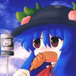  1girl :d absurdres black_headwear blue_hair blue_sky bow bowtie brown_eyes cloud commentary_request corn_dog derivative_work eating food fruit hat highres hinanawi_tenshi holding holding_food iesonatana ketchup leaf leaf_hat_ornament long_hair looking_afar meme mustard open_mouth peach peach_hat_ornament pink_bow red_bow red_bowtie road_sign route_66 sign sky smile solo touhou upper_body 