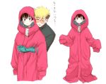  blue_eyes closed_eyes coat dual_persona earrings hug hug_from_behind jewelry meryl_stryfe prosthesis prosthetic_arm red_coat sbs short_hair simple_background translation_request trigun trigun_stampede vash_the_stampede white_background 