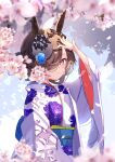  1girl animal_ears arm_up black_headwear blue_flower blue_rose blurry blurry_background blush brown_hair cherry_blossoms closed_mouth falling_petals floral_print flower hair_bun hair_over_one_eye hat horse_ears japanese_clothes kimono long_sleeves looking_at_viewer obi petals pink_eyes purple_kimono rice_shower_(umamusume) rose sash shading_eyes short_hair smile solo umamusume upper_body wide_sleeves yomean! yukata 