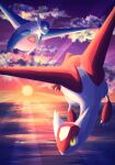  7_phi_3 blue_skin claws cloud cloudy_sky colored_skin commentary_request flying highres horizon latias latios pokemon pokemon_(creature) red_skin reflection reflective_water sky sunrise white_skin wings yellow_eyes 
