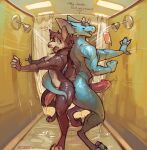  2023 anthro bathing canid canine dialogue digitigrade dragon duo edjit english_text erection genitals hi_res horn male mammal nude penis shower showering singing standing text 