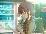  1girl absurdres artist_name blurry blurry_background braid brown_hair day eating emily_cooper_(scrophopper) glasses highres holding holding_phone holding_sandwich long_hair looking_at_phone original outdoors phone profile scrophopper short_sleeves sidelocks twintails vending_machine 