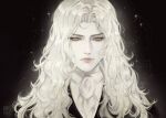  1boy alucard_(castlevania) artist_name ascot blonde_hair castlevania castlevania:_nocturne closed_mouth collared_shirt dark_background derivative_work highres long_hair looking_at_viewer male_focus portrait screencap_redraw shirt solo white_shirt yellow_eyes 