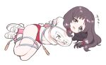  1girl amezawa_koma arms_behind_back black_eyes black_hair bound breasts buruma crying crying_with_eyes_open full_body gym_shirt gym_uniform idolmaster idolmaster_cinderella_girls jump_rope large_breasts looking_at_viewer lying name_tag navel ohnuma_kurumi on_side open_mouth red_buruma shirt shoes sneakers solo tears tied_up_(nonsexual) 