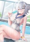  1girl antenna_hair arm_support artist_name azur_lane blue_eyes blue_sailor_collar blurry blurry_background bracelet breasts casual_one-piece_swimsuit cleavage commentary covered_navel crossed_legs day double_bun english_commentary engrish_commentary food frilled_one-piece_swimsuit frills grey_hair hair_between_eyes hair_bun hair_ornament hairclip highres jade_(a_lick_of_summer)_(azur_lane) jade_(azur_lane) jewelry large_breasts legs light_blush looking_at_viewer mixed-language_commentary neckerchief official_alternate_costume one-piece_swimsuit one_eye_closed pool poolside popsicle rika_ryne sailor_collar sideboob sidelocks signature sitting solo sunlight swimsuit thighs tongue tongue_out white_neckerchief white_one-piece_swimsuit wristband 