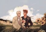  2boys angel aziraphale_(good_omens) black_jacket black_shirt blurry bow bowtie brown_vest cloud cloudy_sky crowley_(good_omens) demon demon_boy depth_of_field eyewear_on_head flower good_omens hand_on_own_hip highres jacket looking_at_another multiple_boys pinn-n red_hair shirt sky slit_pupils string_around_neck suit sunflower vest white_hair white_suit yellow_eyes 