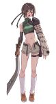  1girl arm_guards armor asymmetrical_clothes belt black_hair brown_eyes crop_top decoponmagi final_fantasy final_fantasy_vii final_fantasy_vii_rebirth forehead_protector full_body headband highres kneehighs light_blush looking_at_viewer materia navel open_belt open_fly open_mouth short_hair short_shorts shorts shoulder_armor sleeveless sleeveless_turtleneck socks solo stomach strap turtleneck weapon wet wet_hair white_socks yuffie_kisaragi 