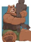  2023 absurd_res anthro arufina_w bear brown_body bulge butt clothing duo embrace feet hi_res hug humanoid_hands kemono male mammal overweight overweight_male shirt simple_background sitting topwear underwear 