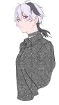  1girl absurdres ahoge androgynous black_choker black_hair choker commentary cropped_torso flower_(gynoid_talk) flower_(vocaloid) from_side grey_hair grey_shirt gynoid_talk half-closed_eyes highres looking_at_viewer looking_to_the_side medium_hair multicolored_hair parted_lips patterned_clothing purple_eyes shirt simple_background solo streaked_hair tmasyumaro unmoving_pattern vocaloid white_background 