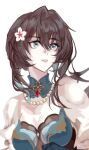  1girl aqua_eyes breasts brown_hair cleavage commentary_request flower hair_flower hair_ornament highres honkai:_star_rail honkai_(series) long_hair medium_breasts parted_lips ruan_mei_(honkai:_star_rail) simple_background solo upper_body white_background wudifangshi 