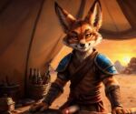  anthro armor blizzard_entertainment canid desert evening genitals grin male mammal penis smile solo tent unknown_artist vulpera warcraft 