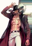  1boy beard coat cross domo394959 dracule_mihawk facial_hair hat highres looking_at_viewer muscular muscular_male navel one_piece pants smile solo 