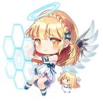  2girls arm_ribbon barrier_fairy_(girls&#039;_frontline) blonde_hair blue_bow blue_choker blue_footwear blue_halo blue_ribbon blush blush_stickers bow braid chibi choker closed_mouth crown_braid dress energy_barrier energy_shield fairy_(girls&#039;_frontline) frilled_dress frills full_body girls&#039;_frontline hair_bow halo honeycomb_(pattern) long_hair looking_at_viewer mechanical_wings multiple_girls official_art ribbon saru simple_background sleeveless sleeveless_dress smile third-party_source transparent_background waist_ribbon white_dress wings yellow_eyes |_| 
