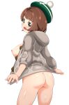  1girl ass blush bob_cut bottomless breasts brown_eyes brown_hair cardigan cowboy_shot from_behind gloria_(pokemon) green_headwear grey_cardigan hat highres hood hood_down hooded_cardigan kohsaka_jun large_breasts legs_apart long_sleeves looking_at_viewer looking_back nipples nose_blush open_cardigan open_clothes open_mouth pokemon pokemon_(game) pokemon_swsh short_hair solo tam_o&#039;_shanter white_background 