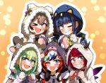  5girls blue_eyes blue_hair brown_eyes brown_hair ceres_fauna ddolbang green_hair hakos_baelz heterochromia highres holocouncil hololive hololive_english hood horns irys_(hololive) looking_at_viewer multicolored_hair multiple_girls nanashi_mumei one_eye_closed ouro_kronii purple_eyes purple_hair red_hair smile virtual_youtuber wings yellow_eyes 