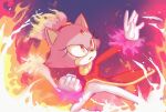  1girl absurdres animal_ears blaze_the_cat burning burning_blaze cat_ears cat_girl cat_tail eyelashes fire flowerqliphoth forehead_jewel furry furry_female gloves gold_necklace highres jacket jewelry necklace pants pink_fur red_jacket sonic_(series) sonic_rush sonic_rush_adventure tail white_gloves white_pants 