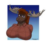  2023 absurd_res anthro antlers big_breasts blue_eyes breasts brown_body brown_fur brown_hair bust_portrait button_(fastener) capreoline clothing colored deer female flannel_shirt fur hair hi_res horn long_hair looking_at_viewer mammal moose panzerschreckleopard portrait red_clothing shirt simple_background solo topwear victoria_(panzerschreckleopard) 