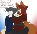  2019 anthro big_breasts black_body black_bottomwear black_clothing black_fur black_pants blue_clothing blue_shirt blue_topwear blush bodily_fluids bottomwear breasts canid canine canis cheek_tuft cleavage clothed clothing dew_(dewwydarts) dewwydarts dialogue duo english_text facial_tuft female fox fur gesture gloves_(marking) grey_body grey_fur grey_hair hair imminent_sex larger_female long_hair maddie_(dewwydarts) male male/female mammal markings multicolored_body multicolored_fur orange_body orange_fur pants pointing red_clothing red_hair red_shirt red_topwear shirt simple_background size_difference smaller_male speech_bubble suggestive_dialogue sweat text topwear tuft two_tone_body two_tone_fur wide_hips wolf yellow_eyes 