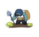  1boy anger_vein basket beard black_hair black_pants chibi closed_mouth colored_skin facial_hair food frown full_body green_skin highres holding holding_shovel hood hood_up league_of_legends pants shovel simple_background standing white_background wosashimi yorick_(league_of_legends) 