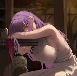  2girls absurdres alcohol armpits bare_arms bare_shoulders blush breasts commentary dress elf fern_(sousou_no_frieren) frieren green_eyes grey_hair highres indoors large_breasts leviathan_(hikinito0902) long_hair multiple_girls pointy_ears purple_eyes purple_hair sitting solo_focus sousou_no_frieren symbol-only_commentary twintails white_dress 