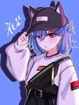  1girl :o adjusting_clothes adjusting_headwear animal_ear_headwear baseball_cap belt black_belt black_headwear black_shorts blue_background blue_hair blush commentary_request cowboy_shot double_bun drop_shadow expressionless flat_chest green_hair hair_between_eyes hair_bun hat hat_fangs high-waist_shorts highres long_bangs long_sleeves looking_at_viewer mole mole_under_eye multicolored_hair nanashi_inc. official_alternate_costume open_mouth outline pink_eyes salmon231 short_hair shorts simple_background single_strap solo suzumi_nemo suzumi_nemo_(2nd_costume) sweater two-tone_hair virtual_youtuber white_outline white_sweater 