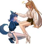  2girls ahoge animal_ears blue_eyes blue_hair blush brown_hair dog_ears dog_girl dog_tail feather_hair_ornament feathers hair_ornament hand_on_another&#039;s_head highres hololive hololive_english hsttmnax long_hair long_sleeves multicolored_hair multiple_girls nanashi_mumei ouro_kronii pants petting ponytail short_hair sitting skirt smile squatting streaked_hair tail very_long_hair virtual_youtuber yuri 