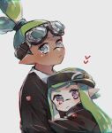  1boy 1girl :| arms_around_back black_headwear black_jacket blush cha_ipride closed_mouth dark_skin expressionless from_side goggles goggles_on_head green_hair grey_eyes heart hetero highres hug inkling inkling_boy inkling_girl jacket long_hair looking_at_viewer original pink_eyes pointy_ears shirt sideways_hat simple_background splatoon_(series) topknot upper_body v-shaped_eyebrows white_background white_shirt 