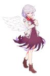  1girl brown_footwear closed_mouth dress feathered_wings full_body grey_hair grey_jacket highres jacket kishin_sagume maguro_(mawaru_sushi) open_clothes open_jacket purple_dress red_eyes shoes short_hair simple_background single_wing solo touhou white_background white_wings wings 
