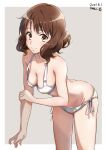  1girl absurdres bikini breasts brown_eyes brown_hair cleavage collarbone cowboy_shot curly_hair dated hibike!_euphonium highres kippei leaning_forward medium_breasts oumae_kumiko short_hair side-tie_bikini_bottom signature solo standing swimsuit white_bikini 