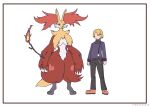 1boy 1girl absurdres animal_ear_fluff animal_ears animal_nose body_fur closed_mouth delphox faceless faceless_male fox_ears furry furry_female highres holding looking_at_viewer pants pokemon pokemon_(creature) pokemon_xy red_eyes red_fur simonbutt6 simple_background smile snout standing stick tail turtleneck white_fur yellow_fur 