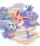  absurdres bird bright_pupils brown_eyes closed_mouth commentary_request day eevee fletchling flower grass highres nashiro_o77o no_humans oddish outdoors pokemon pokemon_(creature) purple_flower smile white_flower white_pupils 