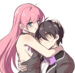  1boy 1girl ahoge backless_dress backless_outfit bare_shoulders black_hair black_suit blue_eyes blush bow bowtie breasts closers commentary_request dress hair_between_eyes hand_on_another&#039;s_back hand_on_another&#039;s_head hetero hug korean_commentary long_bangs long_hair looking_at_another looking_at_viewer parted_lips pink_hair pinkmarine purple_bow purple_bowtie seha_lee seulbi_lee short_hair simple_background small_breasts suit white_background yellow_eyes 