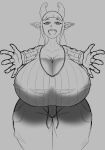  2021 absurd_res big_breasts breasts cleavage clothed clothing demon demon_humanoid fan_character female grey_background greyscale hair happy hi_res horn horned_humanoid huge_breasts humanoid humanoid_pointy_ears long_hair monochrome not_furry open_mouth reaching_out reaching_towards_viewer roselia_van_blanc simple_background sketch solo succubus 