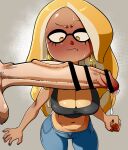  1boy 1girl absurdres bar_censor bibi_(splatoon) blonde_hair blue_pants blush breasts censored cleavage cowboy_shot grey_background highres large_penis medium_breasts midriff navel nuclear_wasabi pants penis precum shadow splatoon_(series) splatoon_2 testicles veins veiny_penis yellow_eyes 