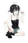  1girl ;p aqua_eyes aqua_shorts bare_shoulders black_camisole black_hair black_socks breasts camisole cleavage cup drinking_glass full_body hair_between_eyes highres holding holding_cup knee_up looking_at_viewer one_eye_closed original ponytail short_hair short_shorts shorts sidelocks simple_background sitting sleeveless socks solo tongue tongue_out xxxsoiu1 